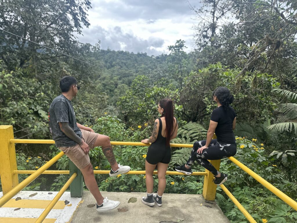 Tres visitantes descansando en el mirador con el valle del bosque nublado al fondo
