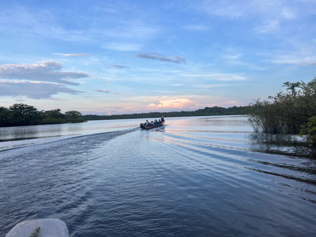 Canoa a motor con un grupo de viajeros que cruza la laguna al final de la tarde, con la estela en el agua y el bosque inundado a un lado.