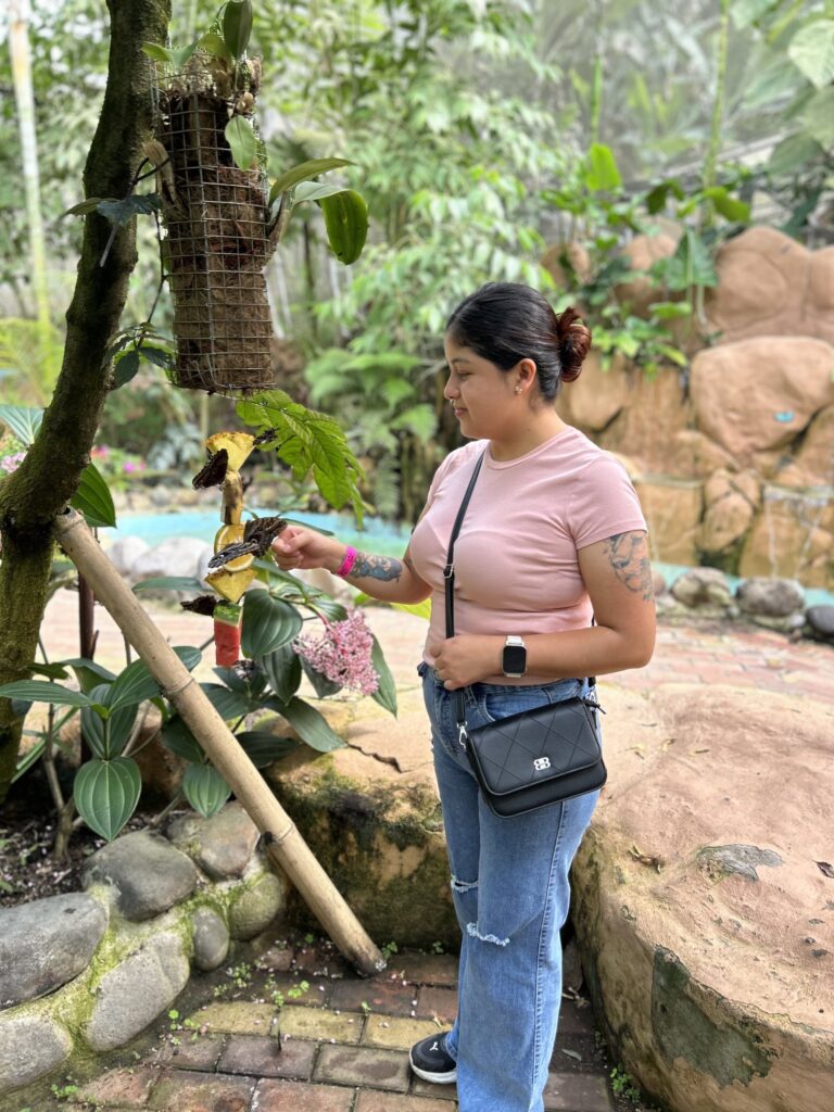 Visitante recorriendo el jardín del mariposario de Mindo entre plantas y flores