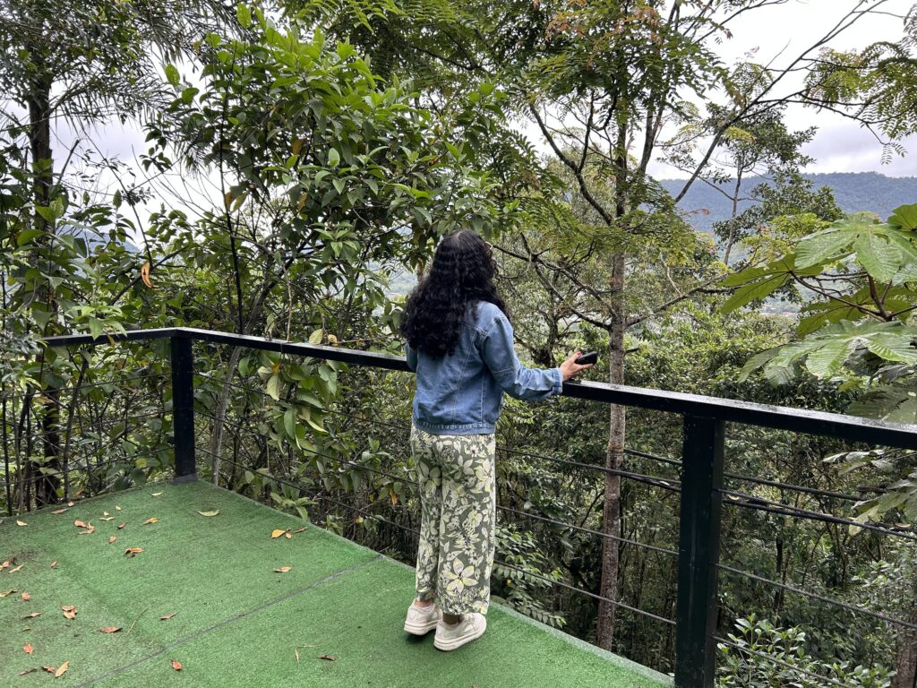 Visitante apoyada en la baranda de un mirador frente al valle del bosque nublado