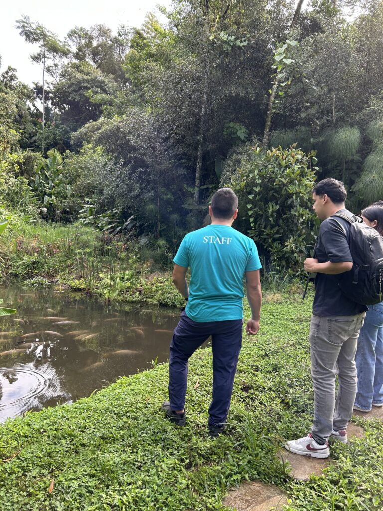 Guía y visitantes observando los peces del estanque de la reserva