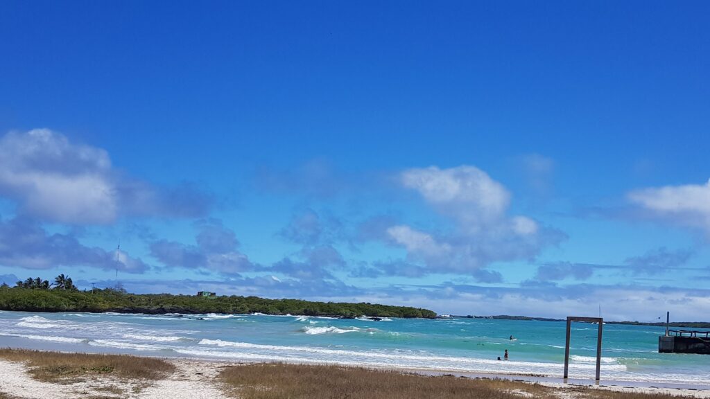 Playa de arena blanca con mar turquesa bajo un cielo despejado en Galápagos