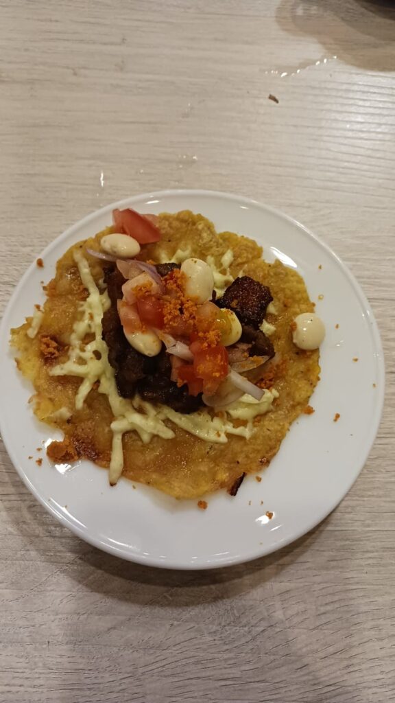 Plato con base crujiente, carne, queso rallado, tomate y cebolla